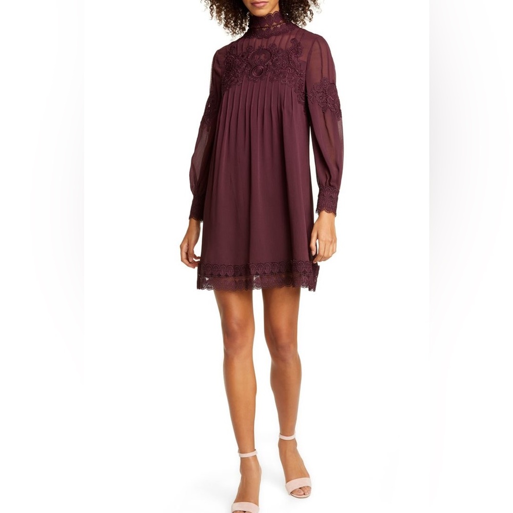 TED Baker London Elegant Lace Detail Burgundy Dress - Picture 3 of 16